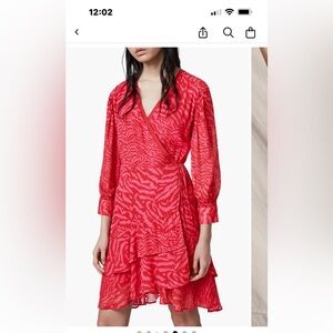 All Saints Vibrant Red Zebra Print Long Sleeve Dress